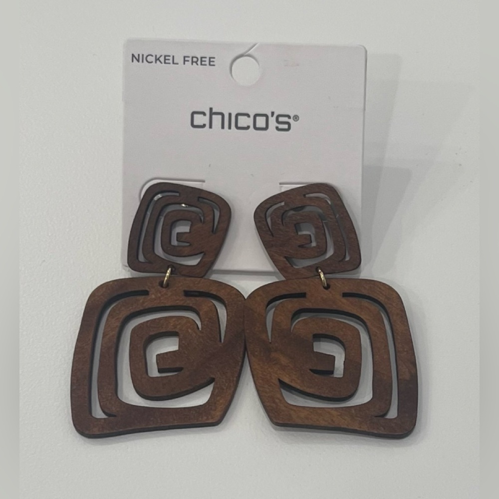 Chico's Elegant Brown Wood Geo Drop Earrings